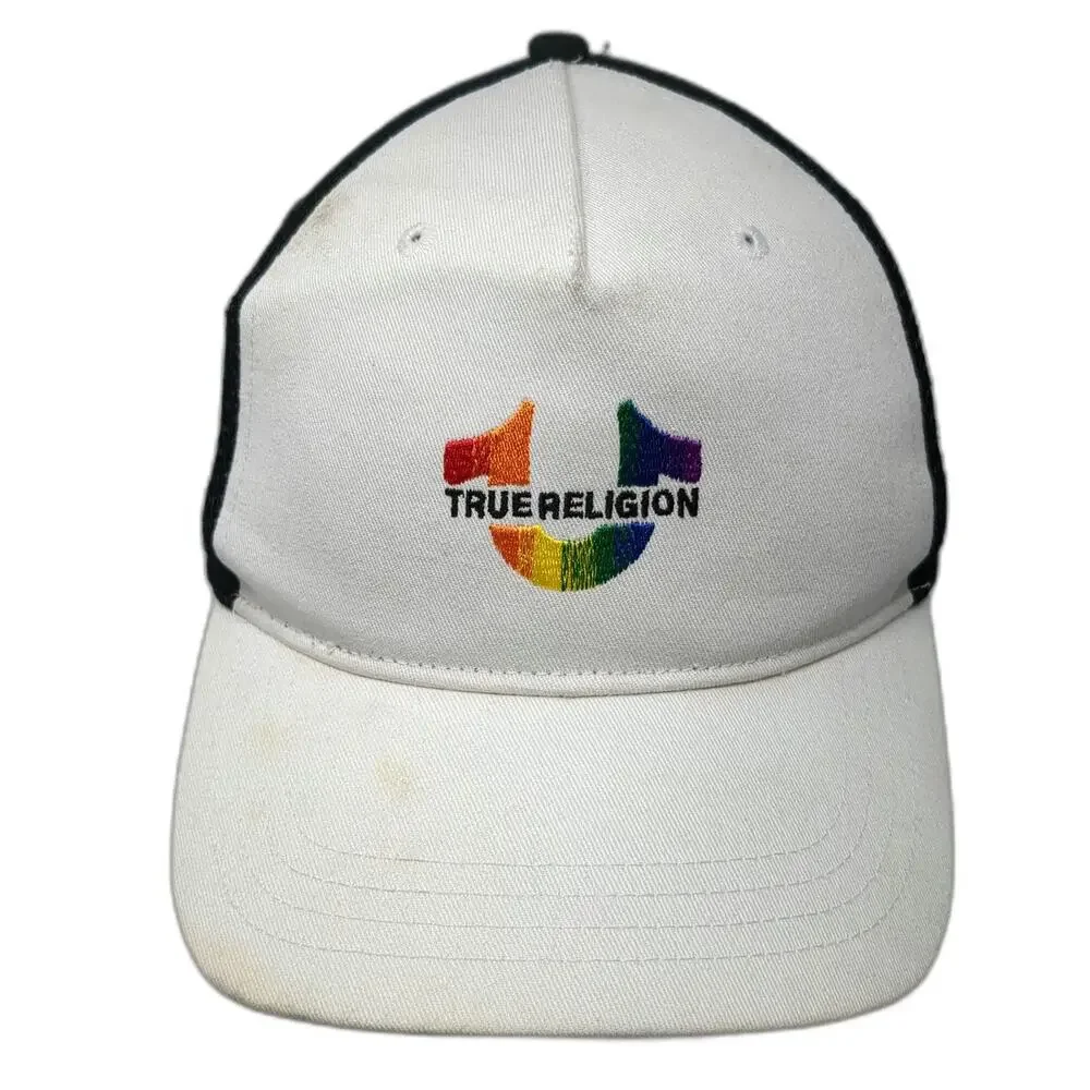 True Religion Trucker Hat White One Size Rainbow Logo Mesh Back Snapback Hat